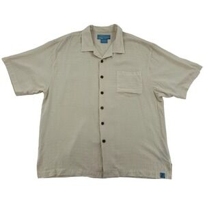 Bermuda Bay Mens Silk Camp Shirt Beige Textured Short Sleeve Button Up XL Cool